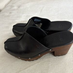 UGG Women's Black Leather Mules with Brown Wooden Heel